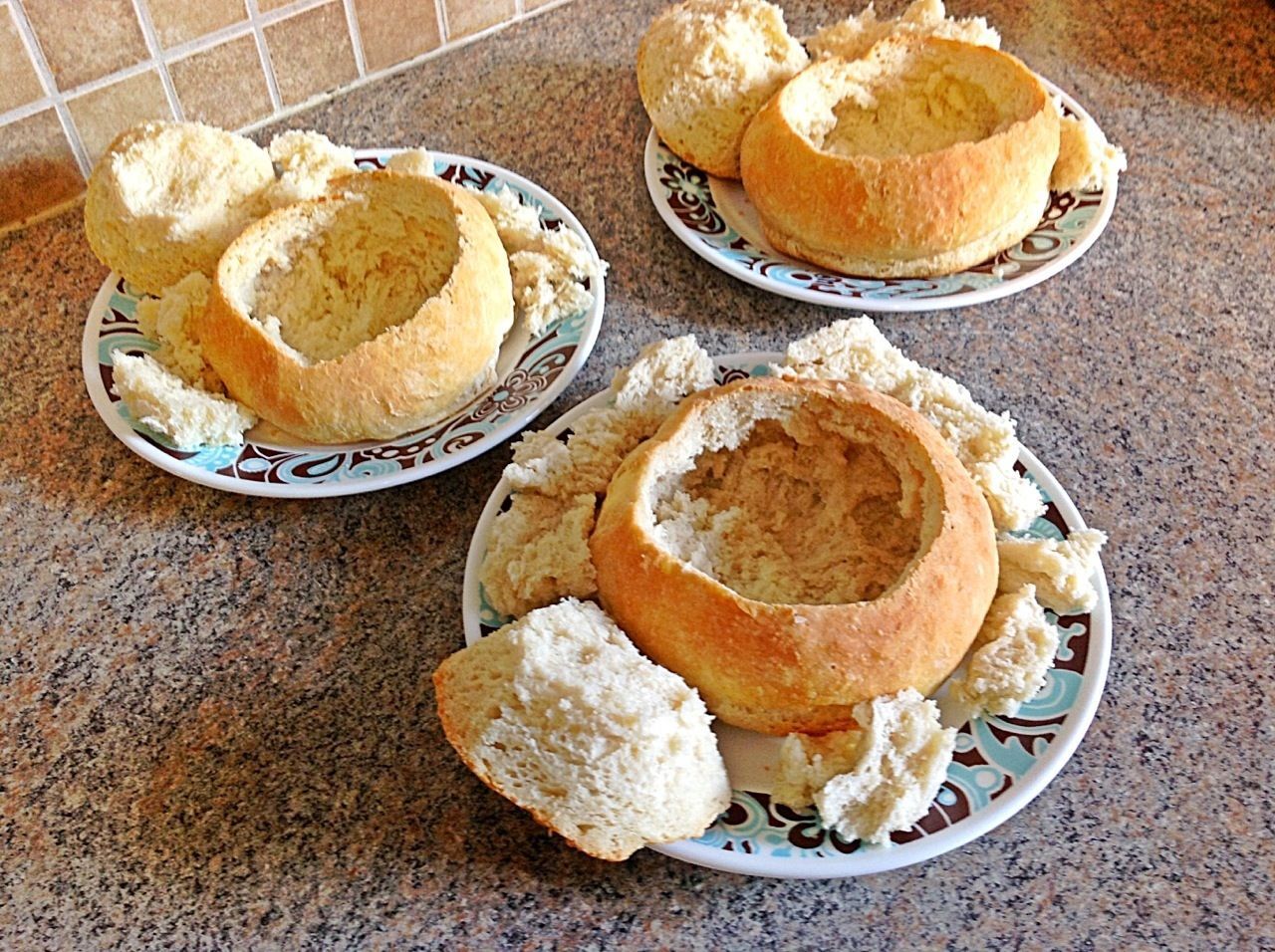 Simple bread bowls for soup. Four ingredients, no kneading!