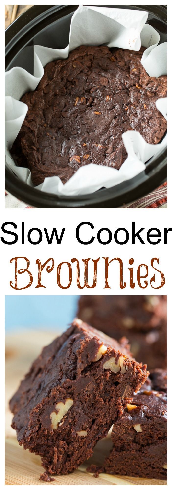 Slow Cooker Triple Chocolate Brownies with pecans.