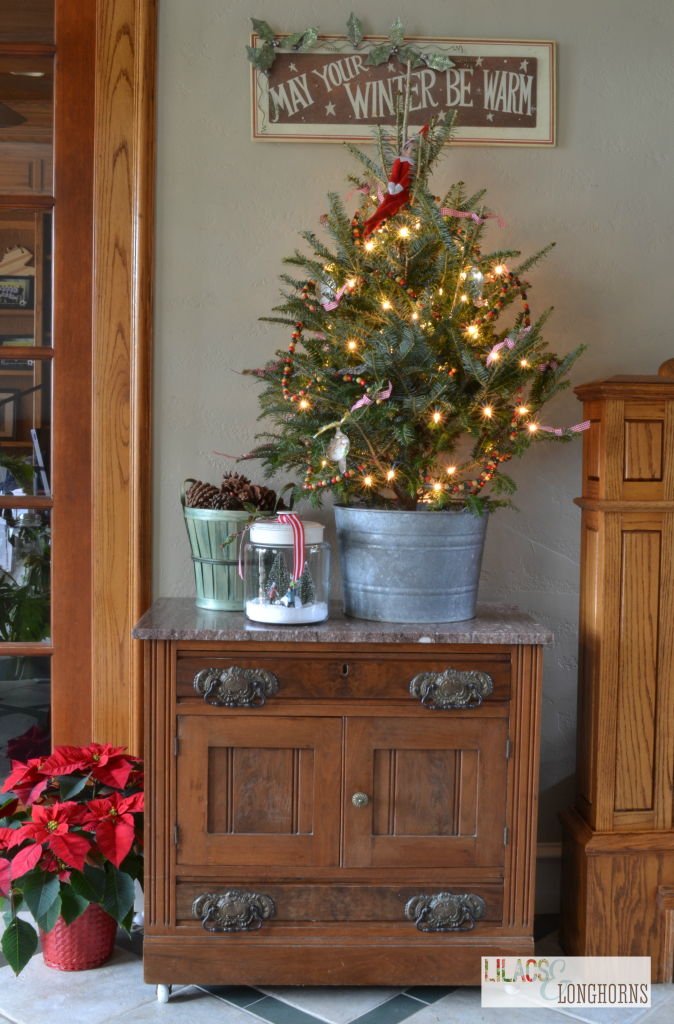 small Christmas tree – love this fresh tree in a tin bucket