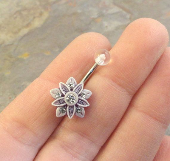 Smokey Amethyst and White Flower Belly Button by MidnightsMojo, $13.00