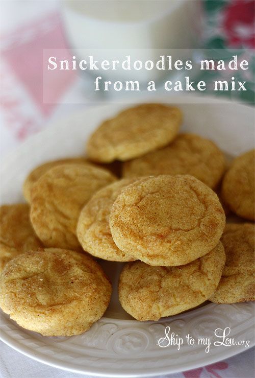 Snickerdoodle cake mix cookies  Mix together one classic yellow cake mix with 1/4 cup oil and two eggs. Form into about 1″ balls.