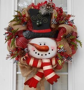 Snowman Christmas Winter Deco Mesh Burlap Wreath | eBay