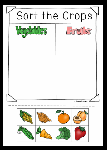 Sort the Crops from a Farm into two groups vegetables or Fruits. This is part of a Community Helpers Unit: We are Farmers. 100