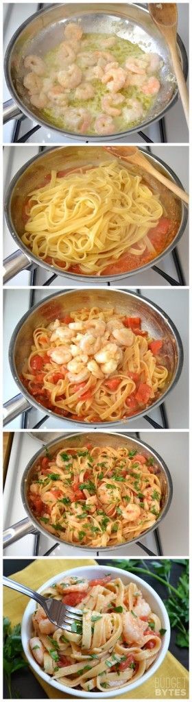 Spicy Shrimp Tomato Pasta– 1/2 lb cleaned shrimp, 8 oz fettuccini, diced tomatoes can, red pepper flakes (Ill omit for non spicy