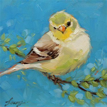 Spring Goldfinch by Lavery Art, 6 x 6 oil painting on panel, animal painting.