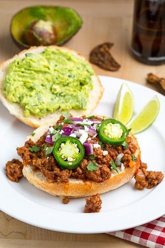 Texmex Sloppy Joes ~ ground beef, onion, bell pepper, jalapeno pepper, garlic, cumin, beer or beef broth, tomato sauce, chipotle