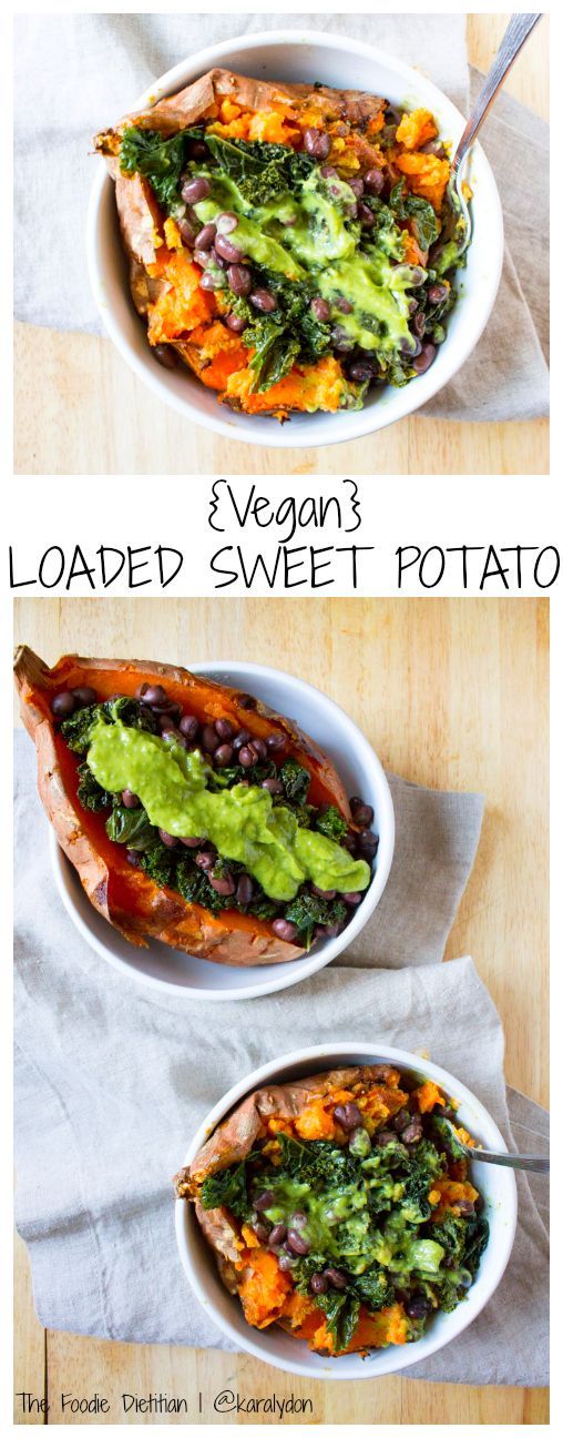 The ultimate vegan loaded sweet potato – packed with kale, black beans, and topped off with a homemade green goddess dressing.
