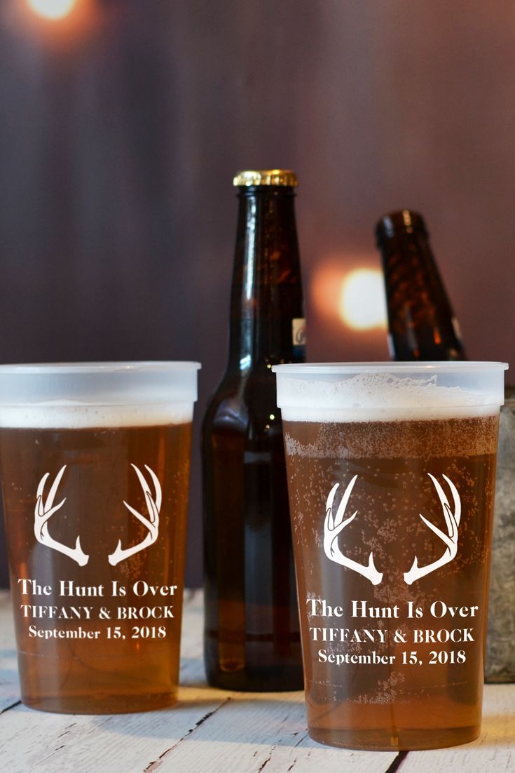These 22 ounce size plastic stadium cups custom printed with antlers design and phrase The Hunt Is Over are the perfect bar and