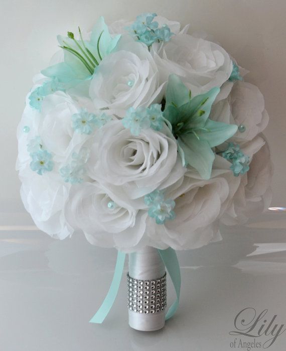 17 Piece Package Wedding Bridal Bride Maid Of Honor Bridesmaid Bouquet Boutonniere Corsage Silk Flower TIFFANY BLUE WHITE “Lily of