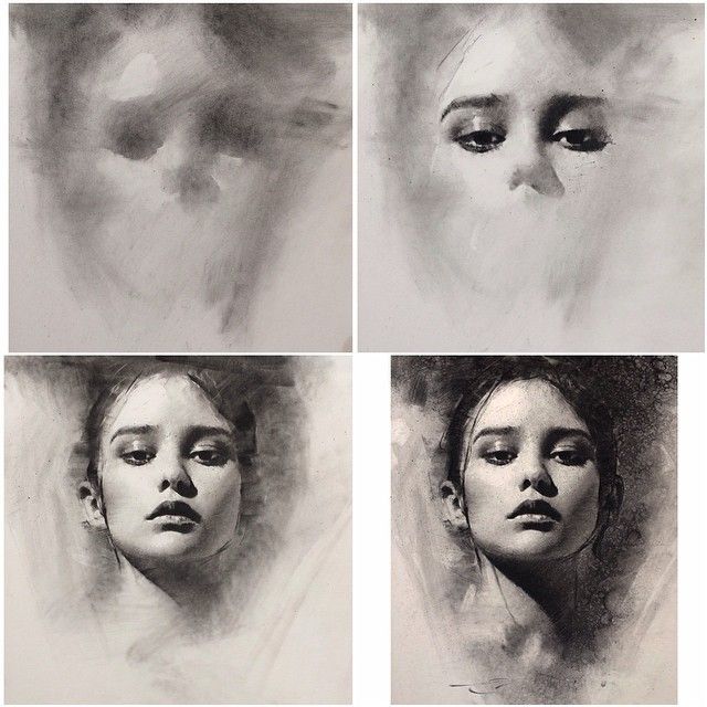 4 stages of charcoal portrait drawing – general to specific approach by Casey Baugh