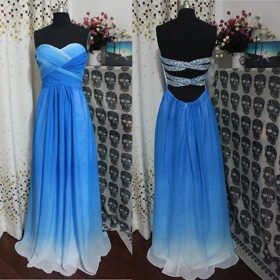 A-line Strapless Royal Blue Ombre Prom Dress,Cheap 2014 Prom Dresses, Long Chiffon Cheap Ombre Evening Dress,Ombre Bridesmaid