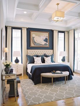 Bedroom – beautiful white/cream and blue decor – coffered ceiling – French doors | Steven Ford Interiors