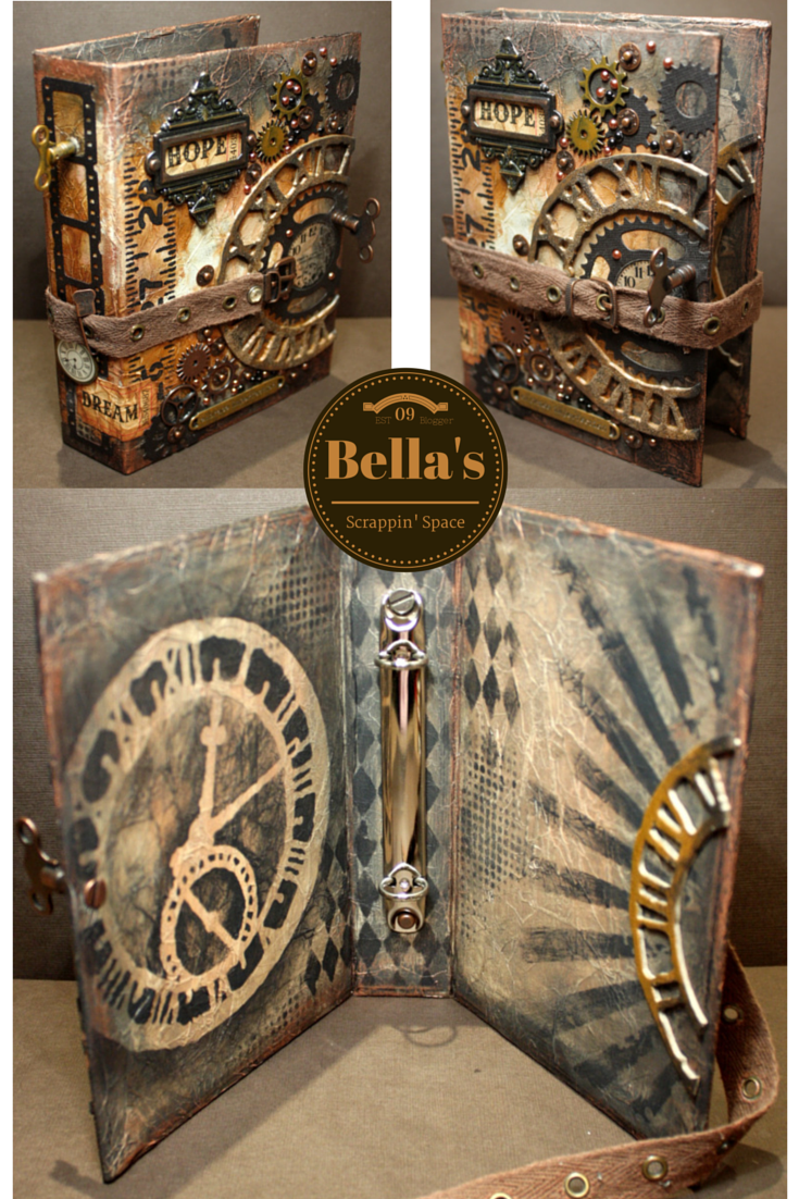 Bella’s Scrappin’ Space: Lots of Tim Holtz products and techniques used to create this Steampunk worn cover with Sizzix dies,