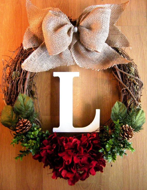Christmas Wreath, Grapevine Wreath with Monogram, Hydrangea Wreath, Initial Wreath, Wreath for Door, Burlap Wreath, Holiday Wreath