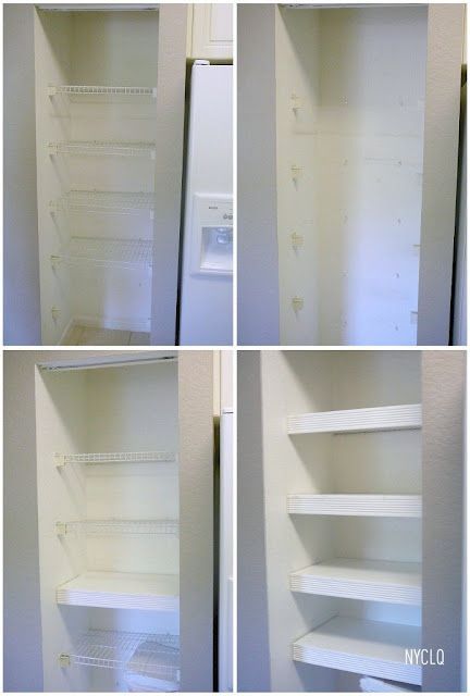 Cover wire shelves with MDF and trim – love this idea!