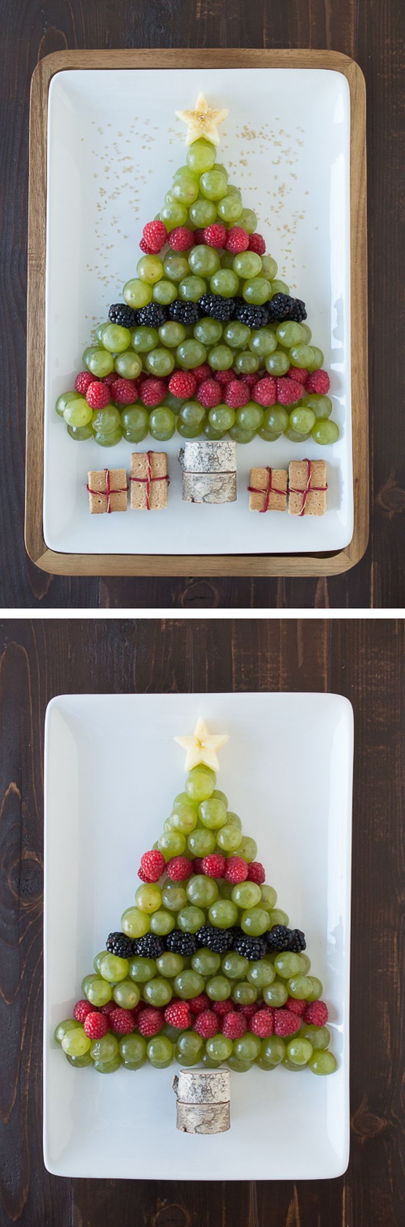 Create a healthy fruit platter for Christmas in the shape of a christmas tree using an apple, grapes, raspberries, blackberries,