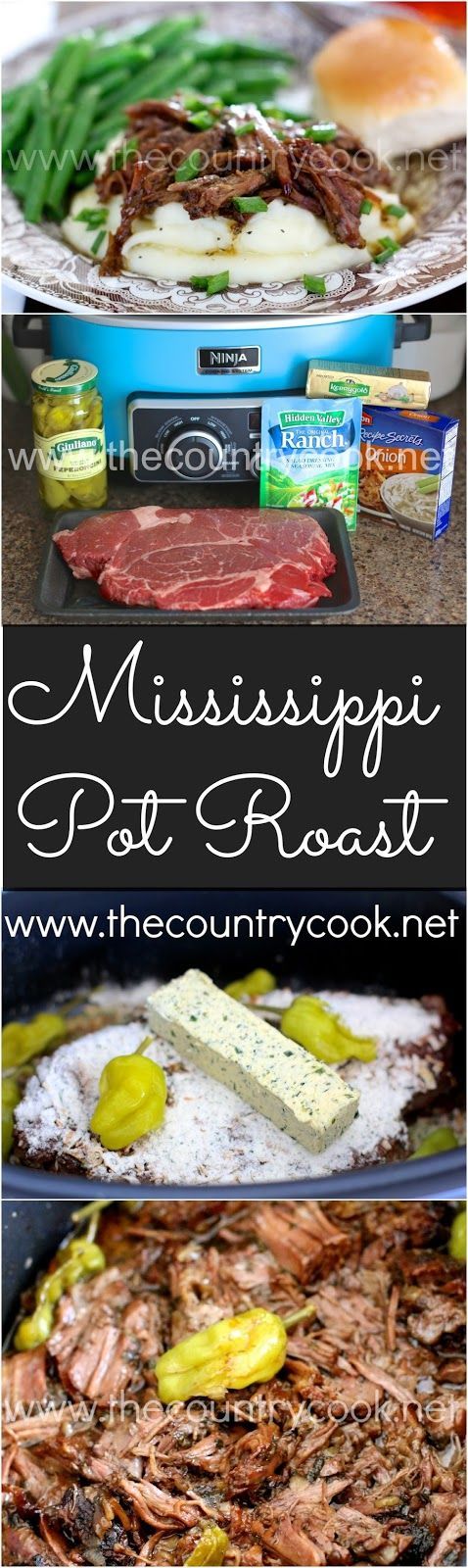 Crock Pot Mississippi Pot Roast recipe from The Country Cook – the most amazing roast I think I have ever made!