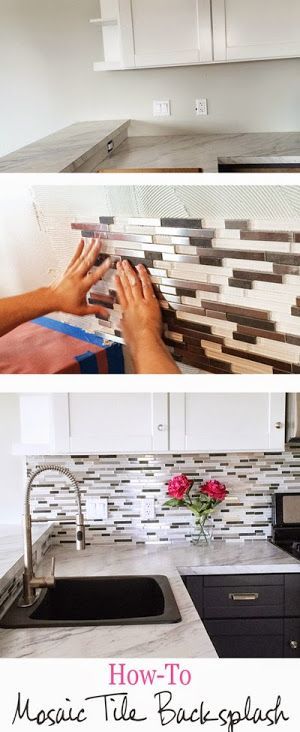 DIY Glass Mosaic Tile Backsplash, white and dark mix upper and lower cabinet