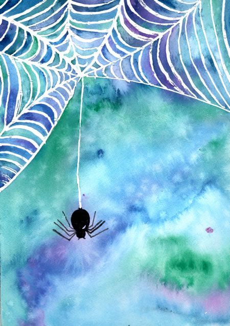 Draw the spiderweb with glue and the spider with a sharpie then paint with watercolors