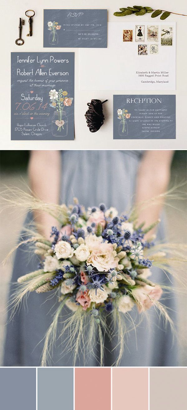 dusty blue and peach wedding colors inspired rustic wedding invitations