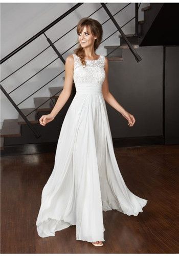empire waist; lace top; illusion top; bateau neckline; boat neck; chiffon skirt; flowing skirt; elegant bridal gown; modern