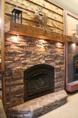 fireplace remodel idea ~ rustic mantle, stone everywhere else. Perfection.- love the lights underneath