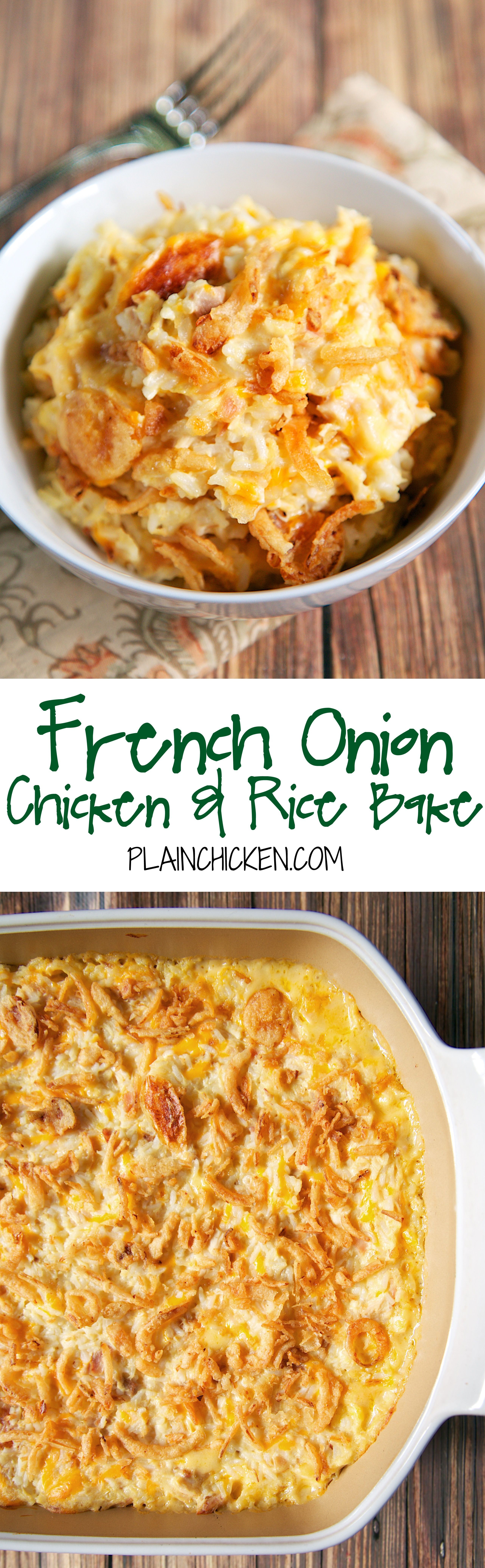 French Onion Chicken and Rice Bake recipe – chicken, french onion dip, cream of chicken soup, cheddar cheese, rice and french