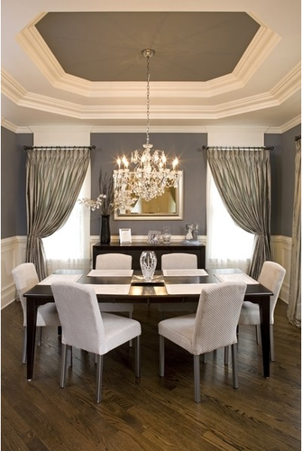 Grey and White Dining Room:  the interior of the tray ceiling is painted to match the wall color