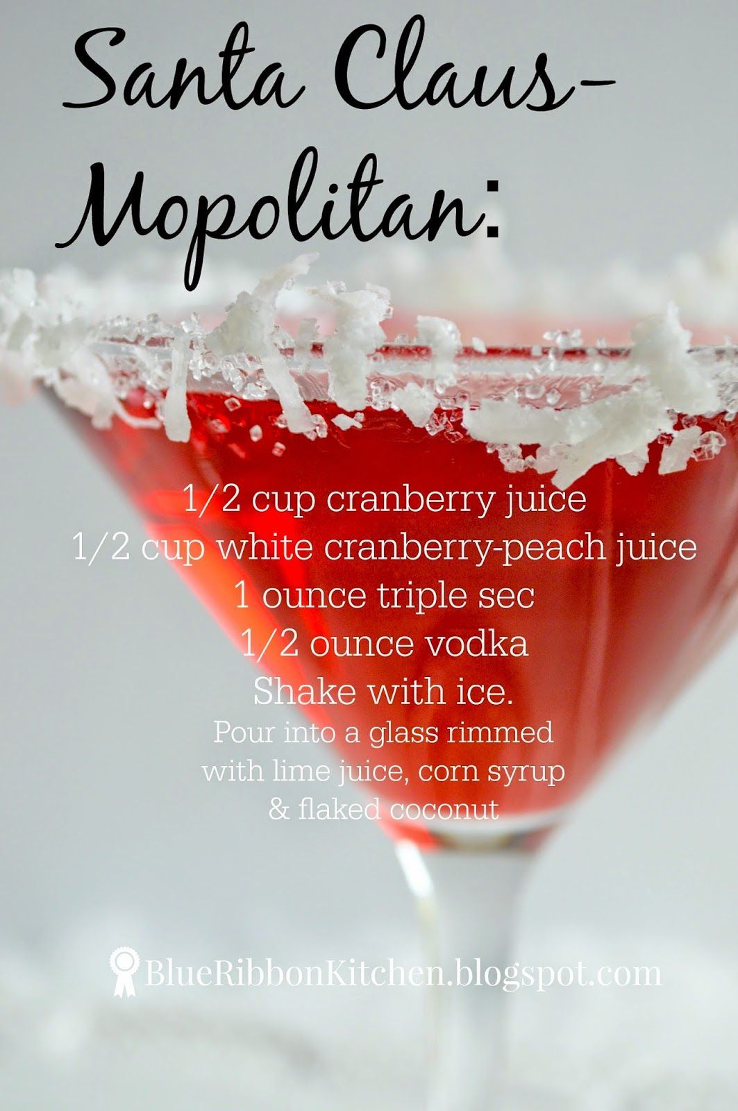 Holiday cosmopolitan signature drink for one serving or for a crowd.  Santa Claus themed drink