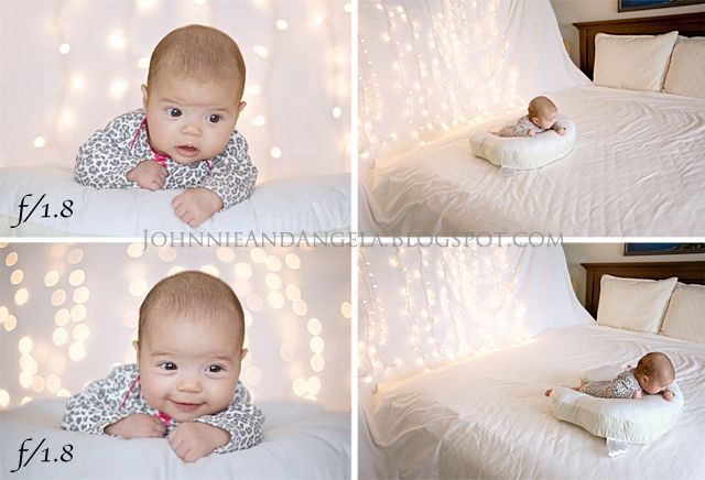 how to take baby photos at Christmas – hang a white sheet and Christmas lights behind baby for a festive backdrop