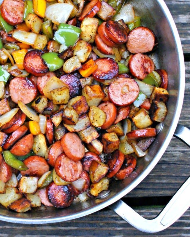 Kielbasa, Pepper, Onion and Potato Hash – sub sweet potatoes and it’s paleo!