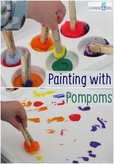 Love that this uses pegs for  fingers to strengthen. Use one peg so they have to use fine motor to grip pompom. Painting with