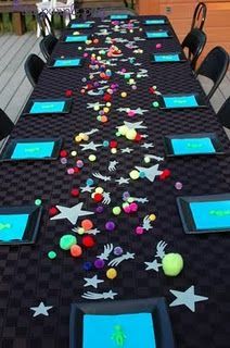 Love the colors and the pom pom planets with the glow in the dark stars…aliens on the plates are cute too.