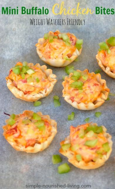 Mini buffalo chicken bites. Perfect tasty game day treats. 75 calories + 2 Points Plus for every 2 filled shells.