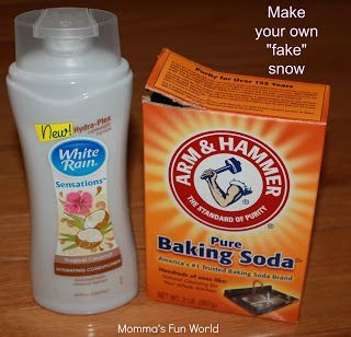 Momma’s Fun World: “Fake” sensory snow that feels real– 3 cups baking soda to 1/2 cup hair conditioner