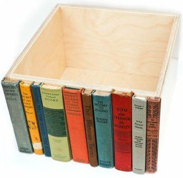 Old book spines glued to a box becomes hidden bookshelf storage.
