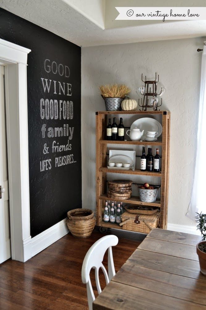 our vintage home love – still just love this shelving unit and the whole display…very nice!! chalkboard accent wall lovely too!