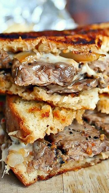 Philly Steak Grilled Cheese. Soooo good! I cut a rump roast into slices and covered with garlic, montreal steak seasoning, salt &