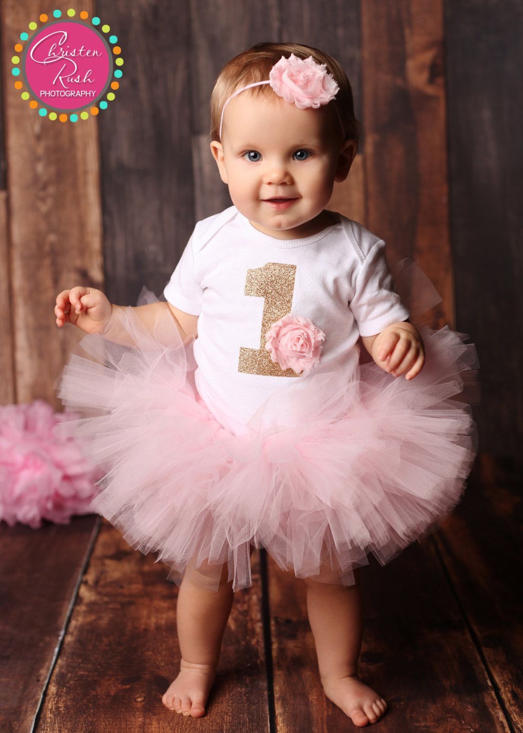 Pink Baby Girl’s First Birthday Outfit – Shabby Chic  Bodysuit, Tutu and Headband – Light Pink Birthday Outfit – Gold Number 1