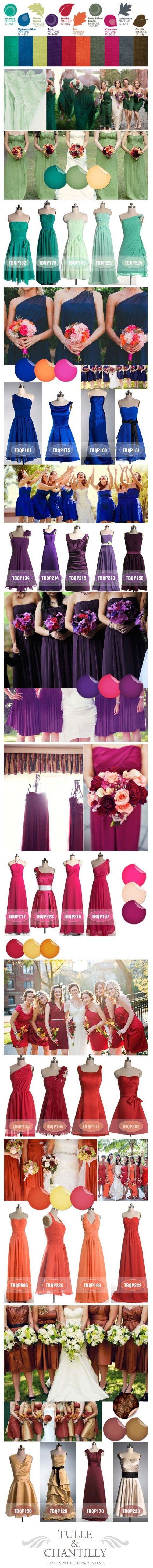Purple, blue, green, red, orange bridesmaid dresses color ideas for fall wedding.