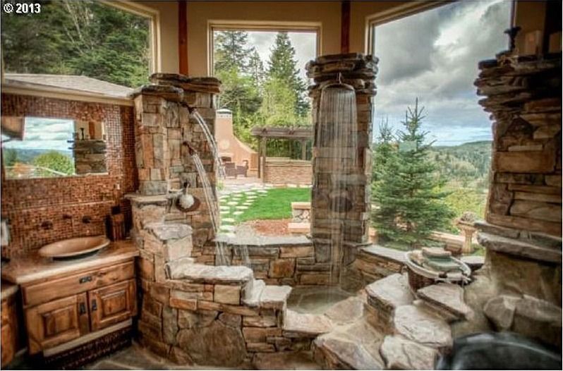 Rustic Master Bathroom – Love the shower. I would want the windows to open out like doors. That could be my outside shower.-SR