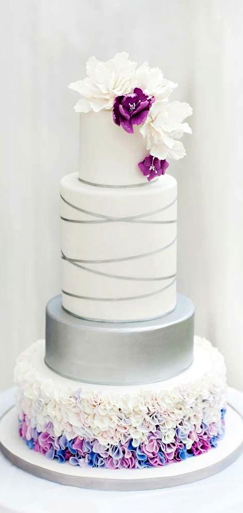 Silver Ribbon & Colorful Ruffles Wedding Cake