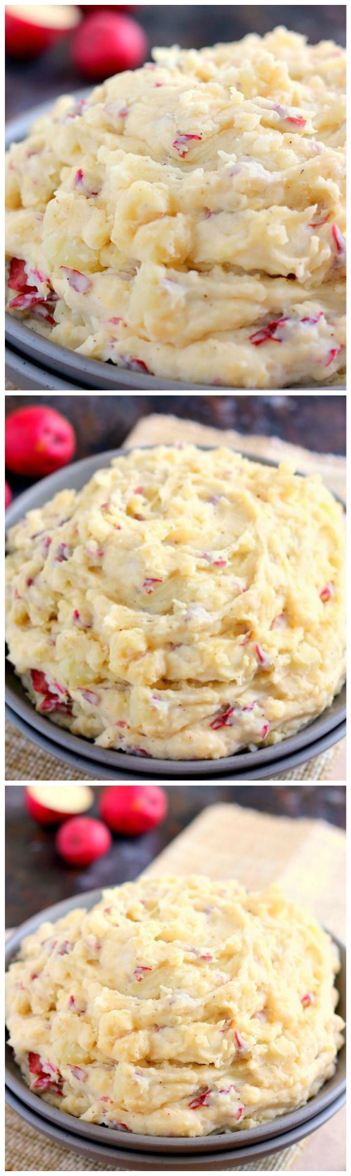 These Slow Cooker Garlic Parmesan Mashed Potatoes are creamy, flavorful, and contain just a few simple ingredients. The fresh