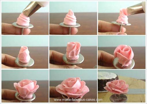This is how you make butter cream roses. It is not as hard as it looks… everything takes practice. The icing stiffness is the