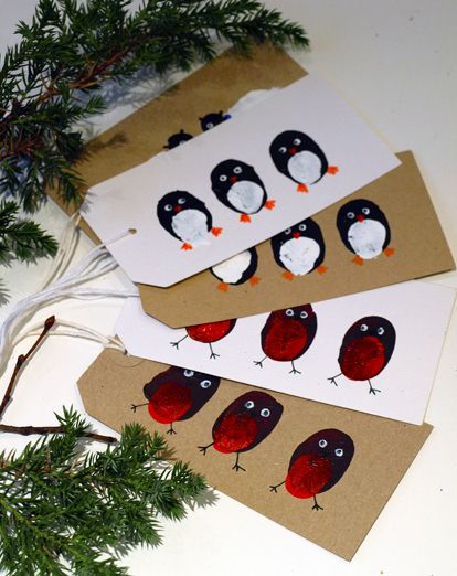 Thumbprint Penguins and Birds, for Greeting Card, Gift Tag, or Painting Project