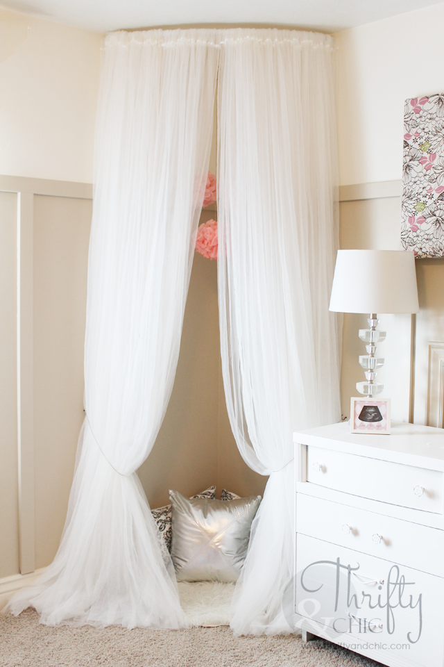 Whimsical Canopy Tent or Reading Nook made from curved curtain rod and $4 ikea curtains