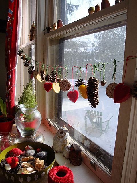 Winter nature table -adding beeswax hearts to the garland makes for a lovely winter-hanging