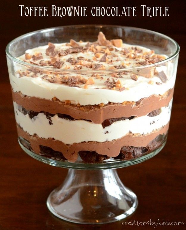 With layers of brownie, pudding, toffee, and whipped cream, this Toffee Brownie Chocolate Trifle will knock your socks off!