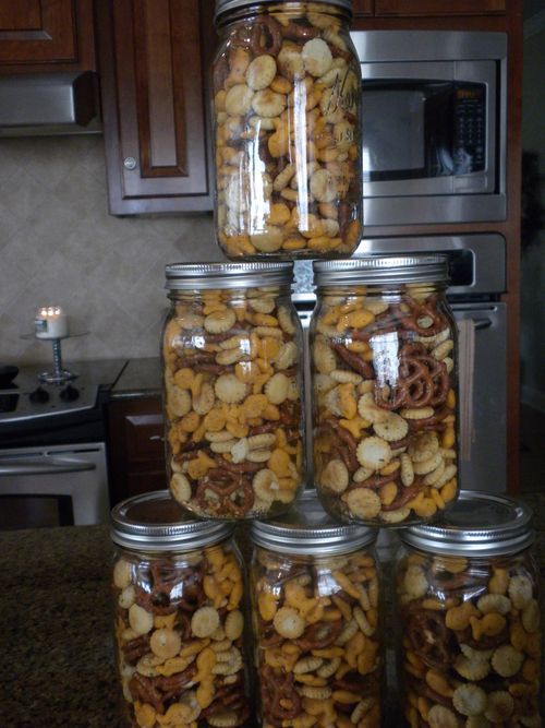 Zesty Snack Mix (Paula Deen Recipe) Two 9oz. packages oyster crackers One 1 lb. package cheese-flavored fish shaped crackers One 1