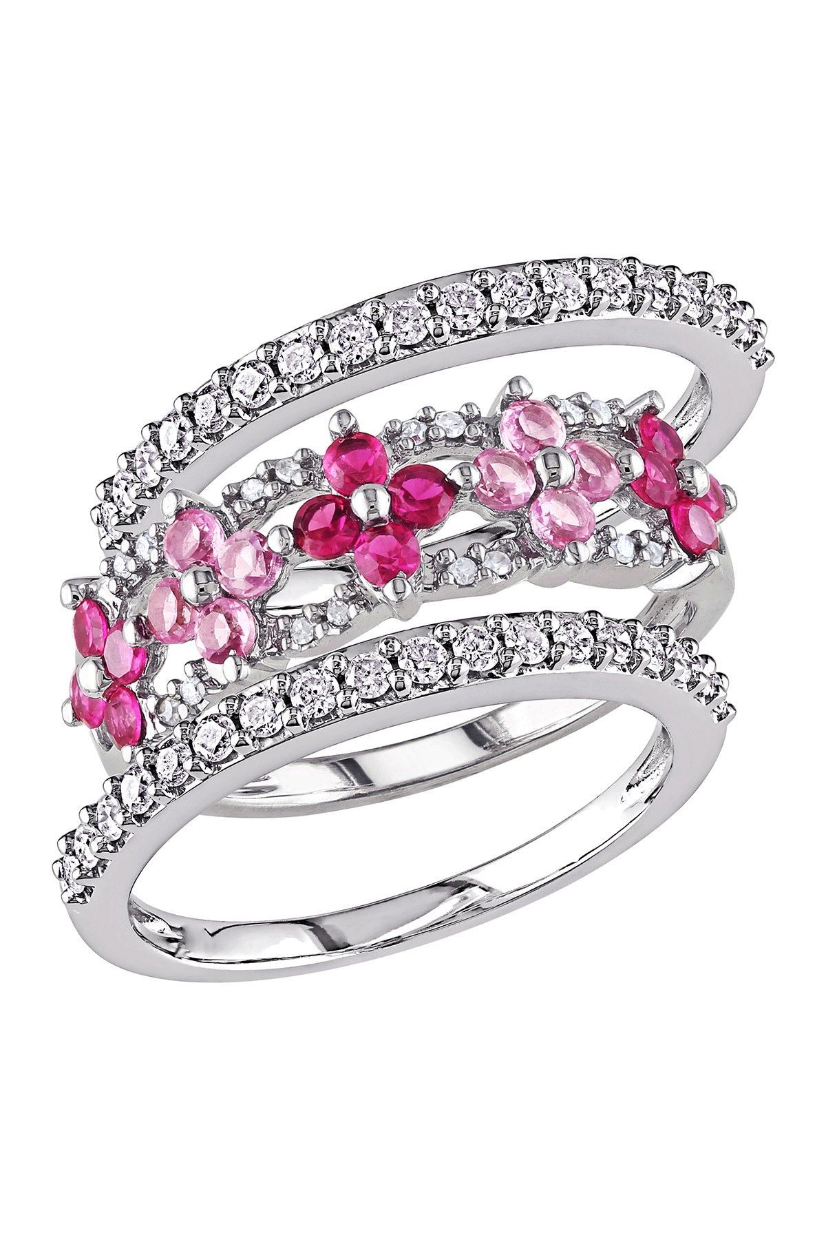 10K White Gold White Diamond, Created Ruby & Created Pink Sapphire Flower Ring Set on @nordstrom_rack